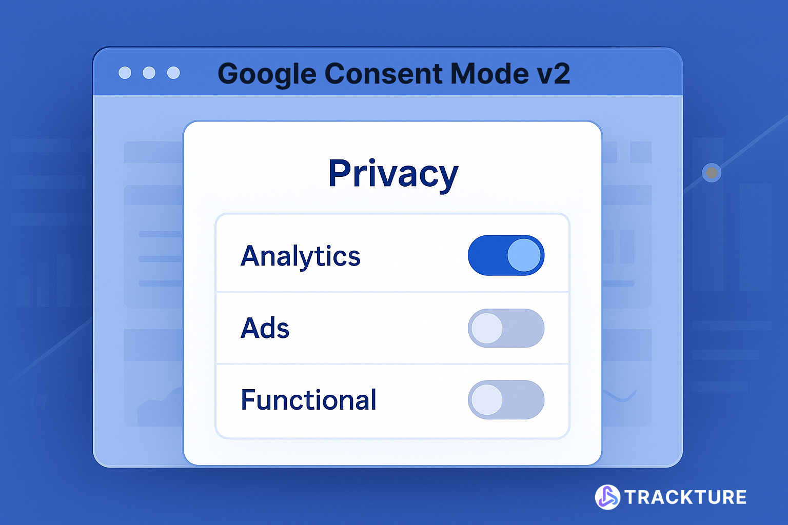 Google Consent Mode v2 consent toggles for analytics and ads on a modern website interface.