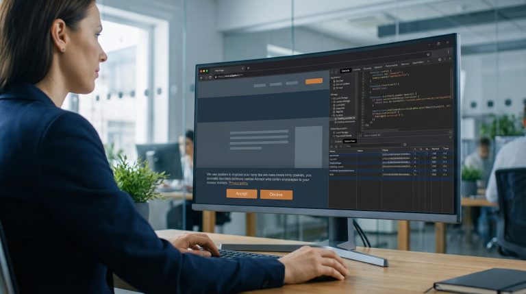 Enterprise analyst reviewing website cookie compliance using browser developer tools and consent banner.