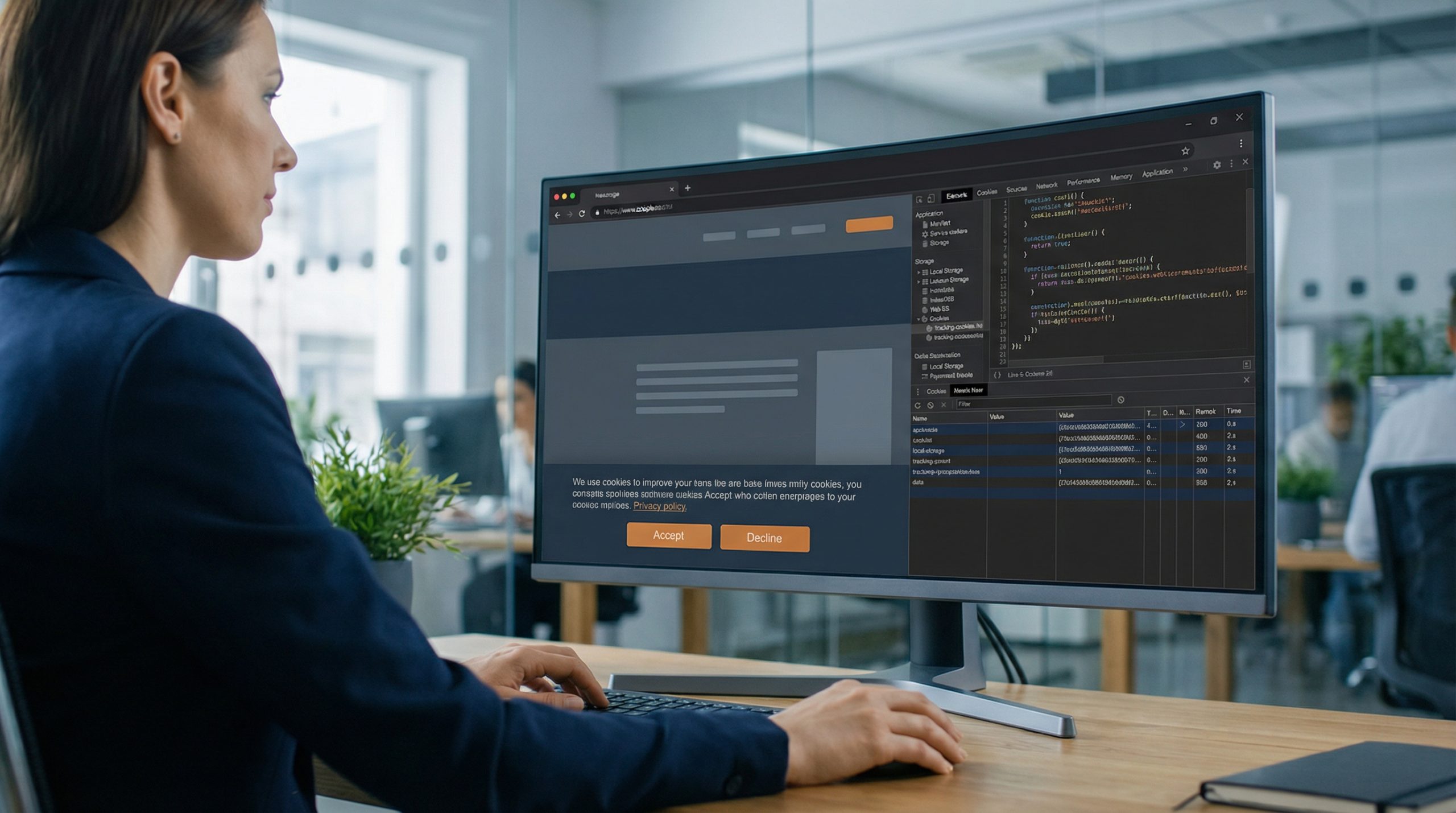 Enterprise analyst reviewing website cookie compliance using browser developer tools and consent banner.