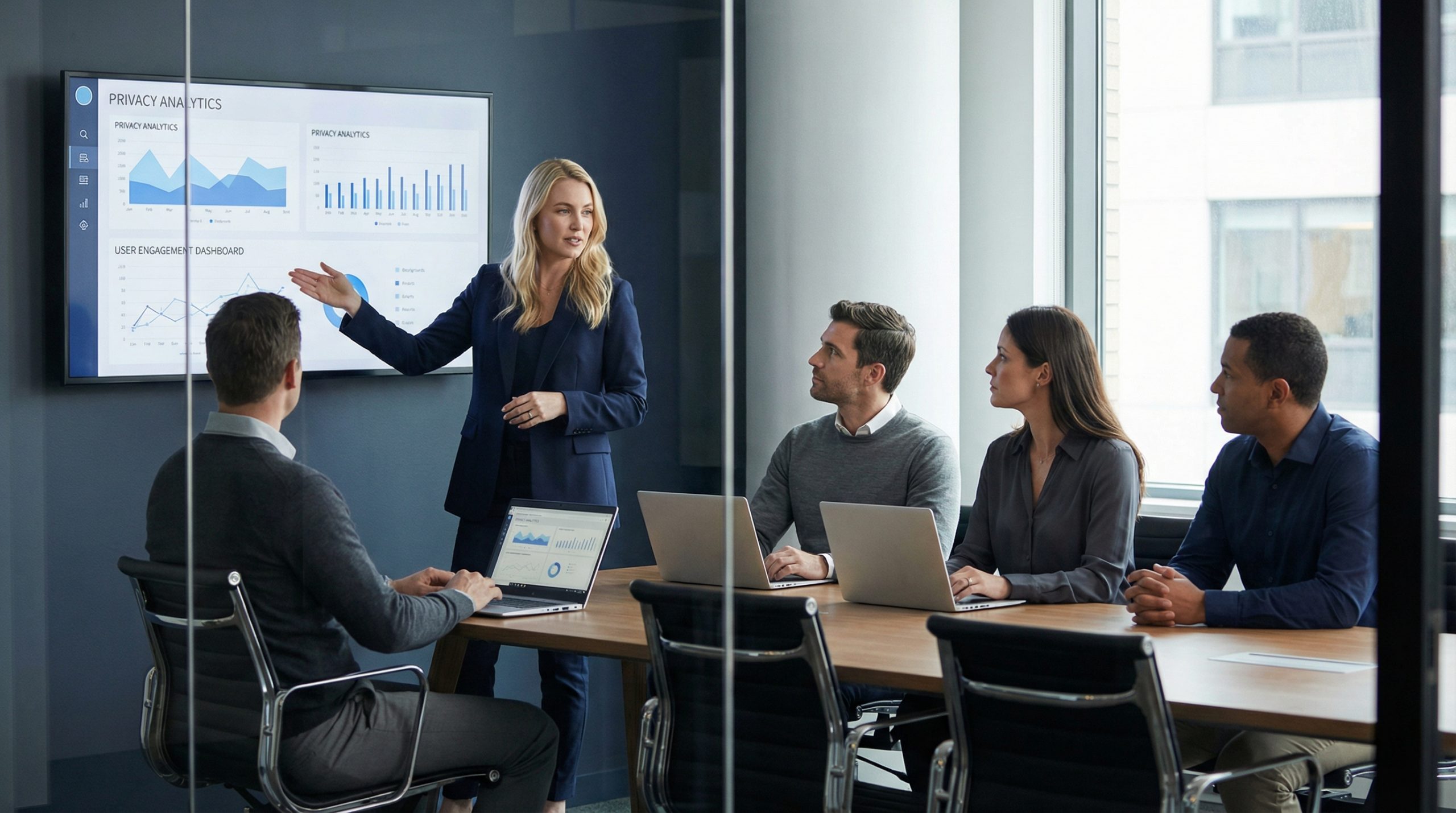 Marketing leadership team discussing state-level privacy attribution and analytics strategy in a modern office