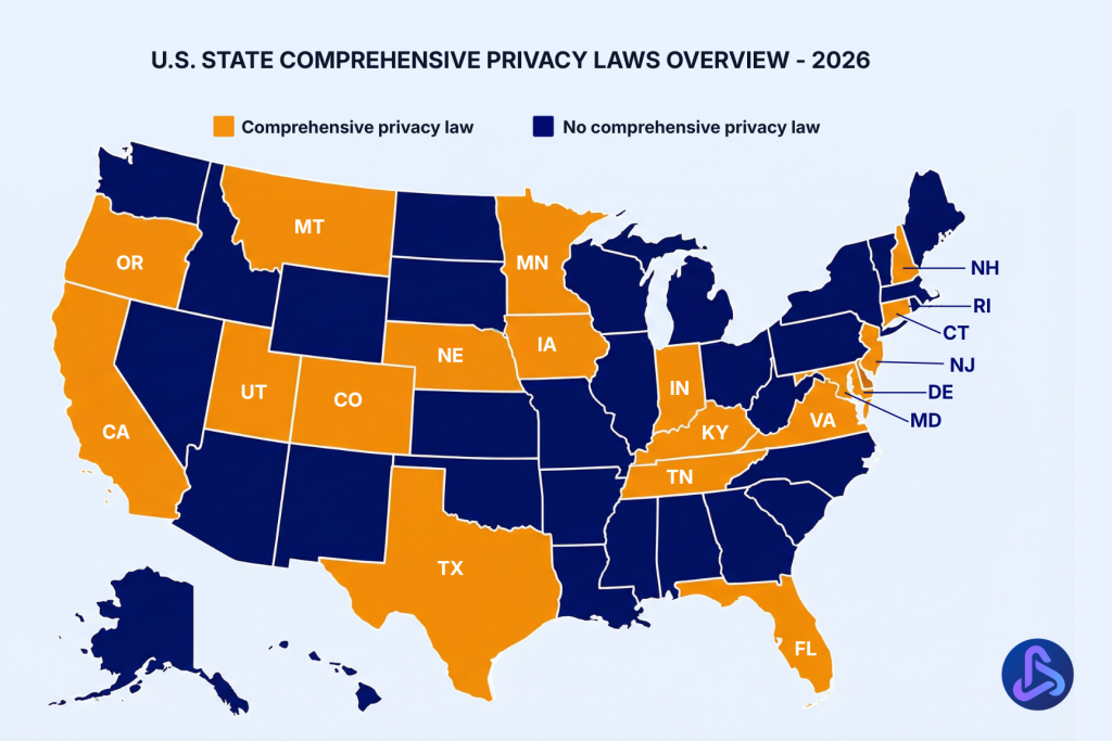 US State Privacy Laws 2026 map showing states with comprehensive privacy laws affecting analytics and tracking.